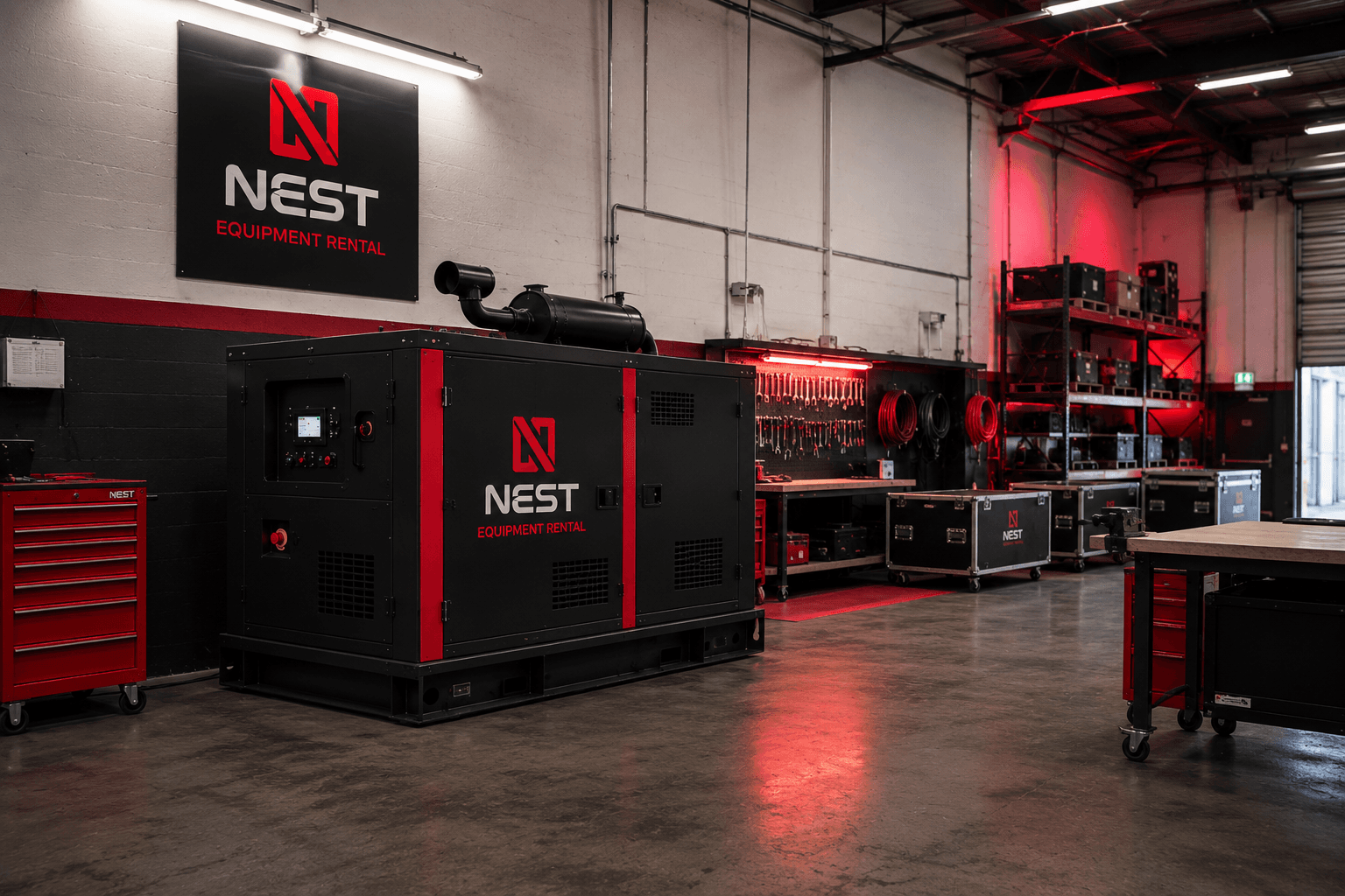 NEST equipment rental generator in a branded workshop